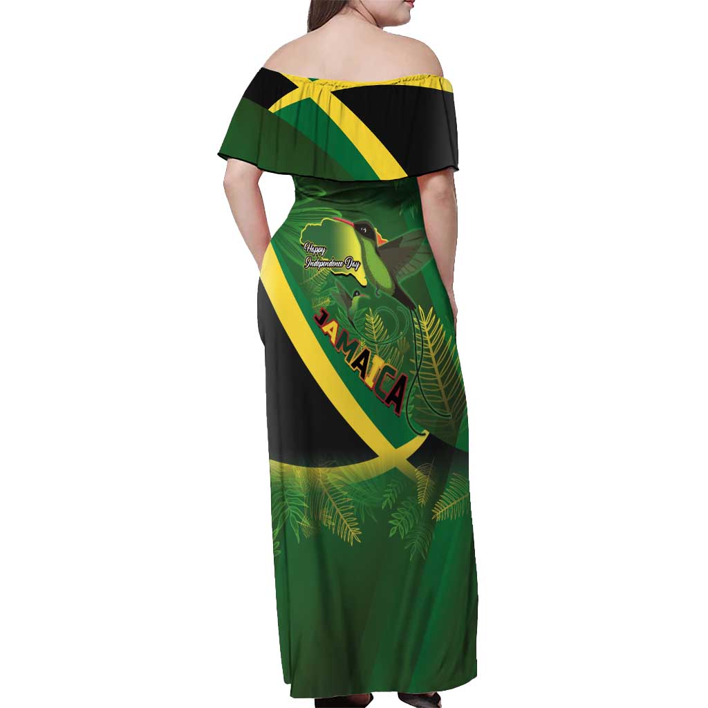 Jamaica Independence Day Off Shoulder Maxi Dress Swallow-tail Hummingbird Tropical Plants and National Flag - Wonder Print Shop