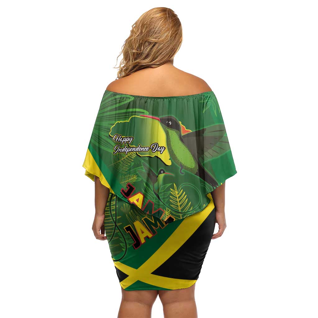 Jamaica Independence Day Off Shoulder Short Dress Swallow-tail Hummingbird Tropical Plants and National Flag - Wonder Print Shop
