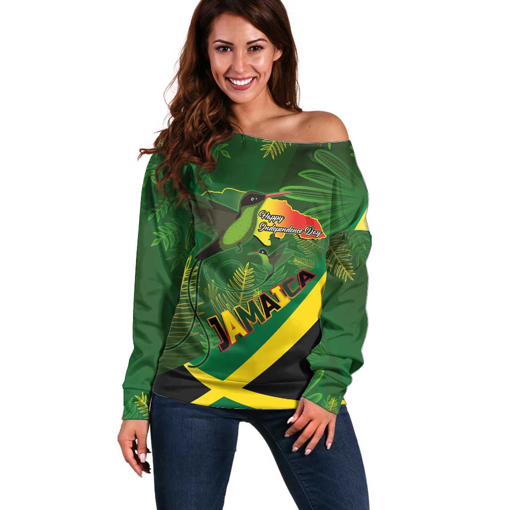 Jamaica Independence Day Off Shoulder Sweater Swallow-tail Hummingbird Tropical Plants and National Flag - Wonder Print Shop