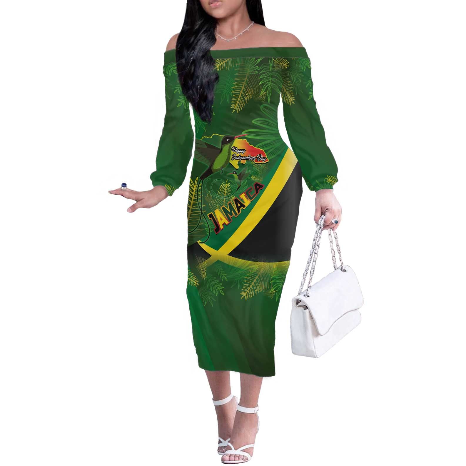 Jamaica Independence Day Off The Shoulder Long Sleeve Dress Swallow-tail Hummingbird Tropical Plants and National Flag - Wonder Print Shop
