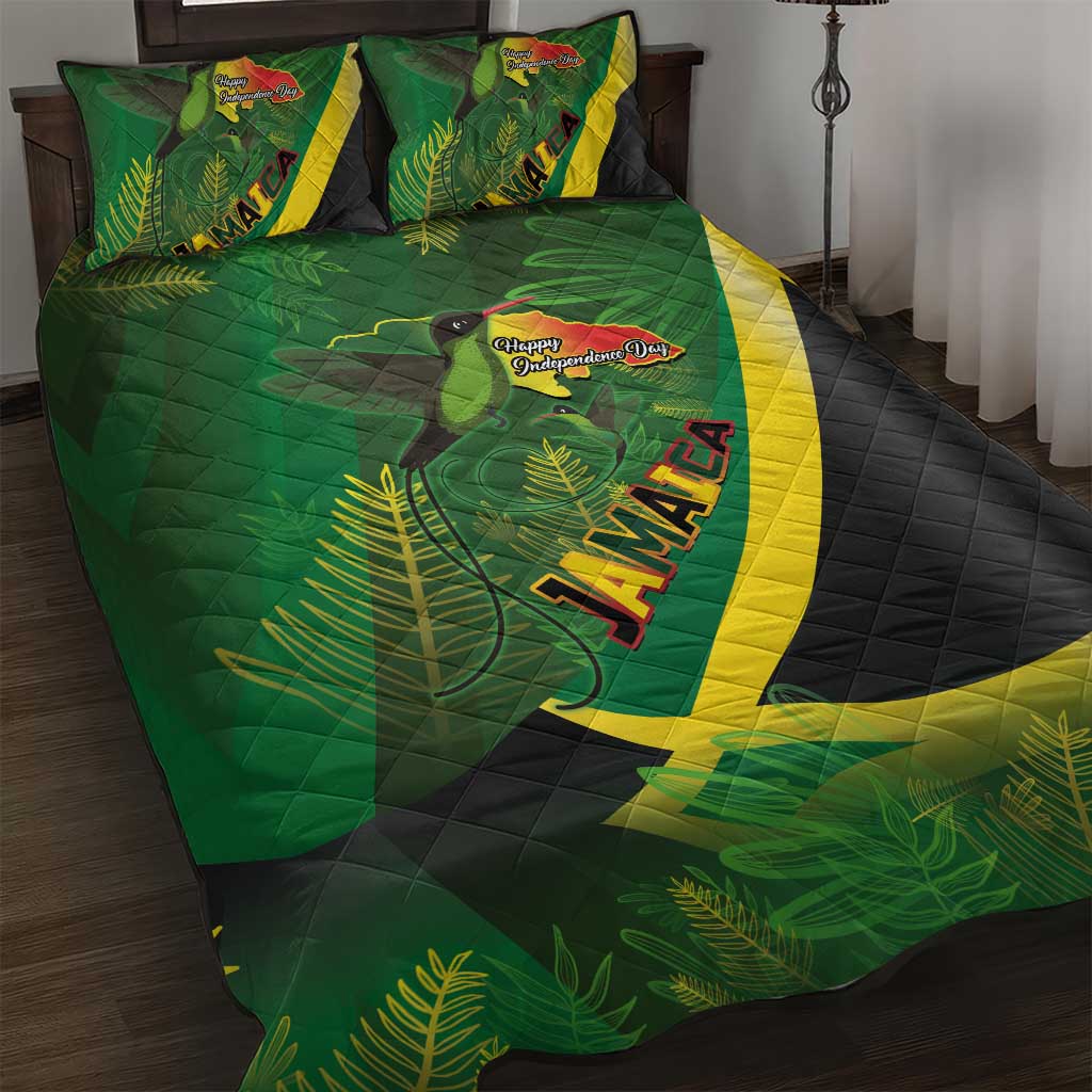 Jamaica Independence Day Quilt Bed Set Swallow-tail Hummingbird Tropical Plants and National Flag - Wonder Print Shop