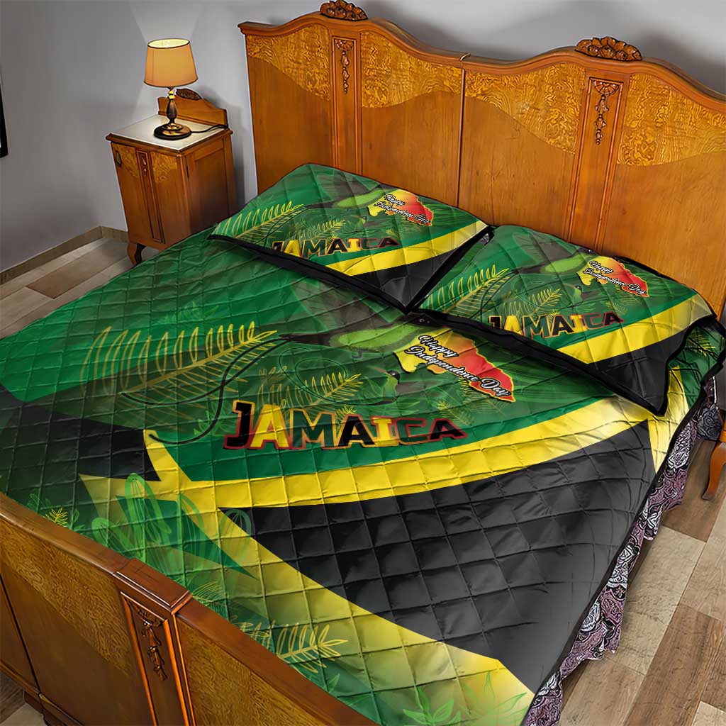 Jamaica Independence Day Quilt Bed Set Swallow-tail Hummingbird Tropical Plants and National Flag - Wonder Print Shop