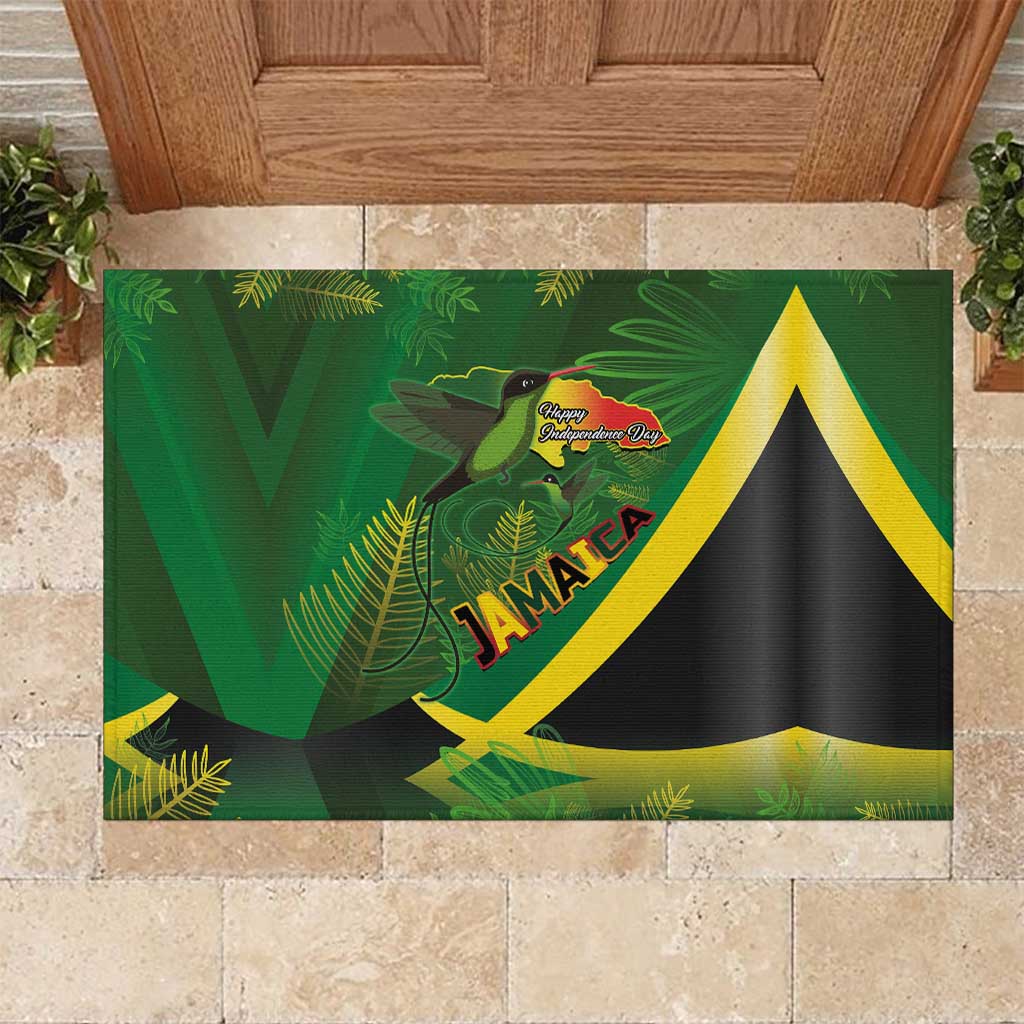 Jamaica Independence Day Rubber Doormat Swallow-tail Hummingbird Tropical Plants and National Flag - Wonder Print Shop