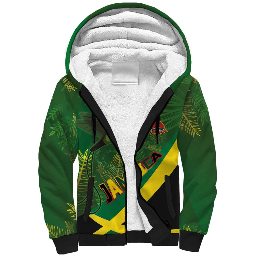 Jamaica Independence Day Sherpa Hoodie Swallow-tail Hummingbird Tropical Plants and National Flag - Wonder Print Shop