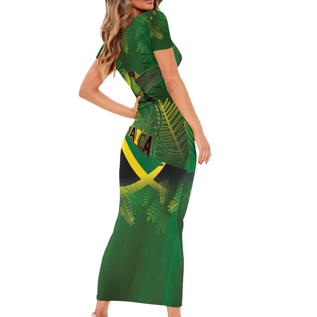 Jamaica Independence Day Short Sleeve Bodycon Dress Swallow-tail Hummingbird Tropical Plants and National Flag - Wonder Print Shop