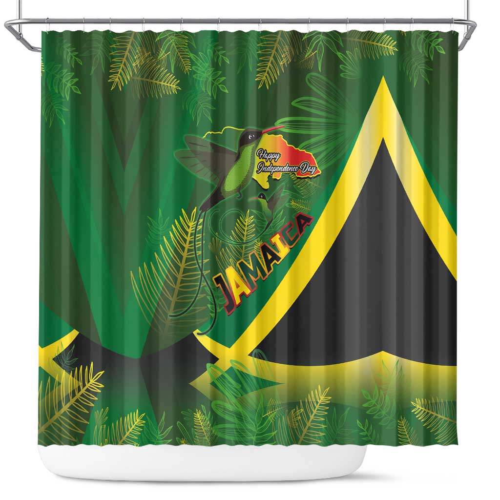 Jamaica Independence Day Shower Curtain Swallow-tail Hummingbird Tropical Plants and National Flag - Wonder Print Shop
