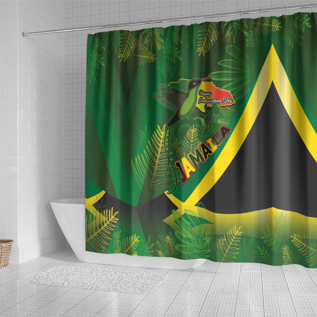 Jamaica Independence Day Shower Curtain Swallow-tail Hummingbird Tropical Plants and National Flag - Wonder Print Shop