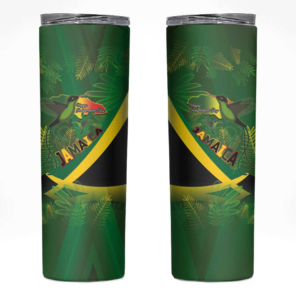 Jamaica Independence Day Skinny Tumbler Swallow-tail Hummingbird Tropical Plants and National Flag - Wonder Print Shop