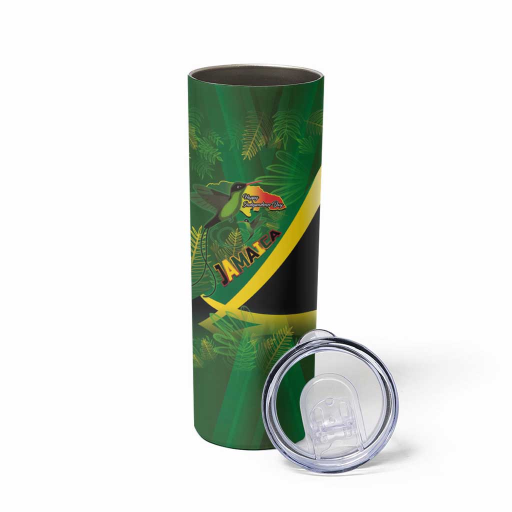 Jamaica Independence Day Skinny Tumbler Swallow-tail Hummingbird Tropical Plants and National Flag - Wonder Print Shop