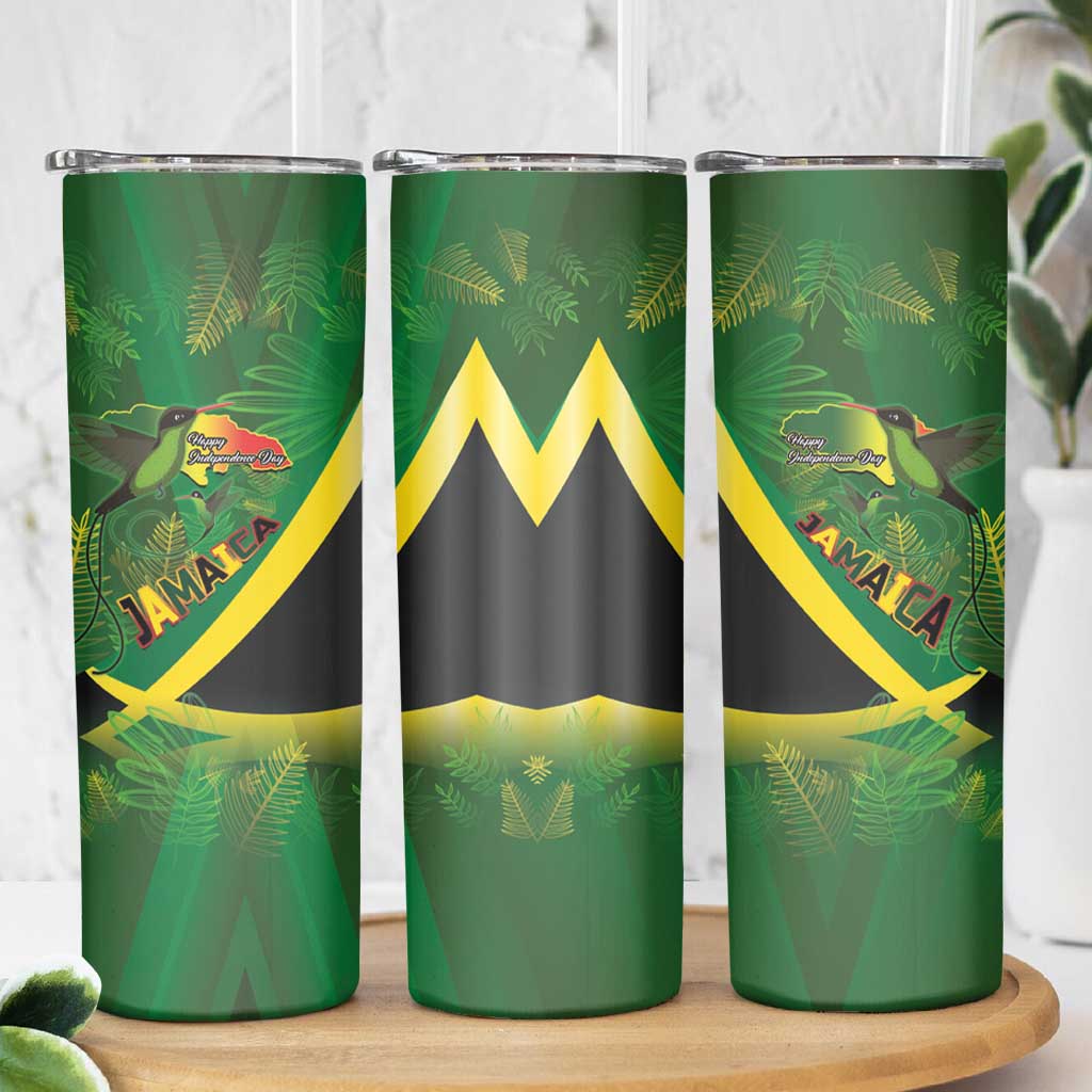 Jamaica Independence Day Skinny Tumbler Swallow-tail Hummingbird Tropical Plants and National Flag - Wonder Print Shop
