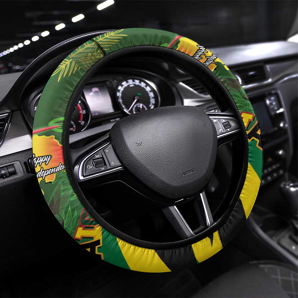 Jamaica Independence Day Steering Wheel Cover Swallow-tail Hummingbird Tropical Plants and National Flag - Wonder Print Shop