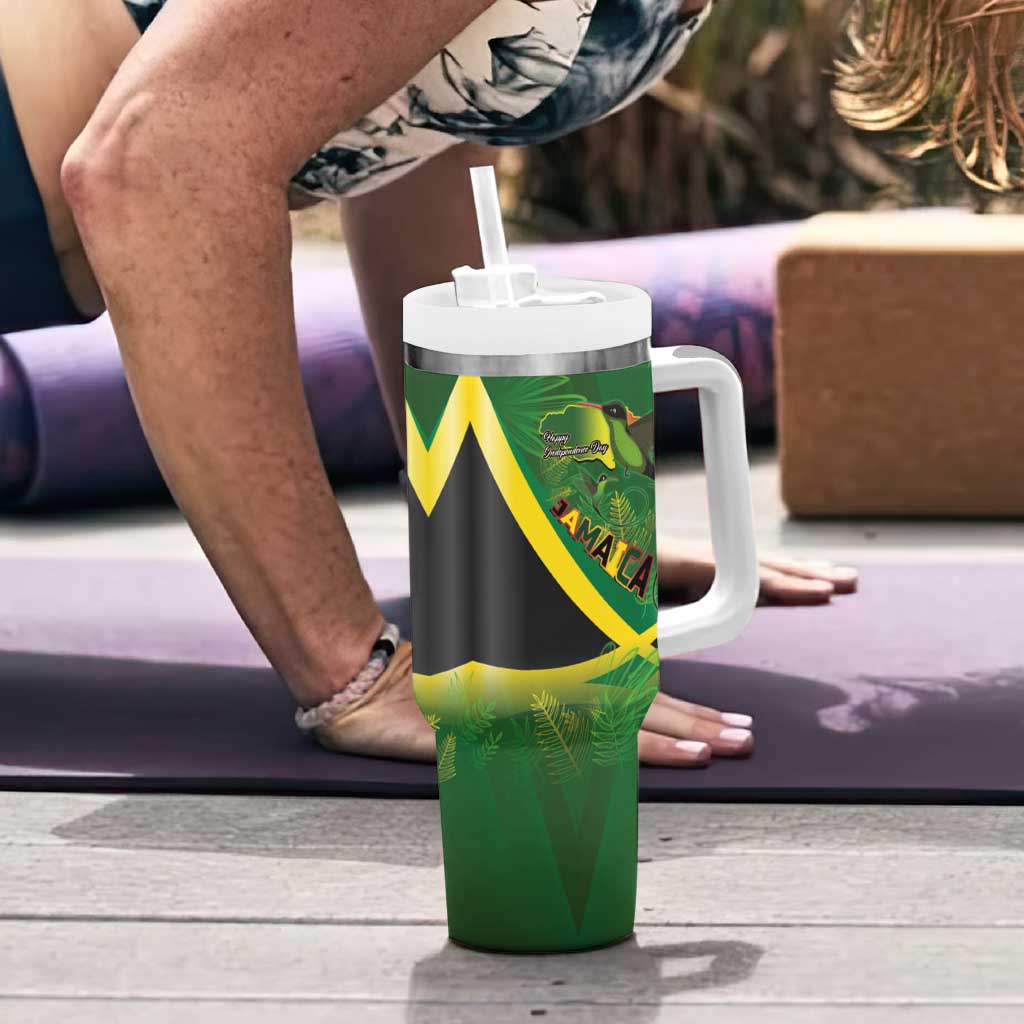 Jamaica Independence Day Tumbler With Handle Swallow-tail Hummingbird Tropical Plants and National Flag - Wonder Print Shop