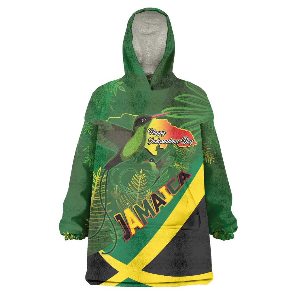 Jamaica Independence Day Wearable Blanket Hoodie Swallow-tail Hummingbird Tropical Plants and National Flag - Wonder Print Shop