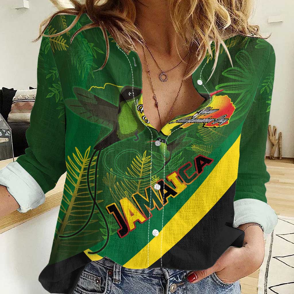 Jamaica Independence Day Women Casual Shirt Swallow-tail Hummingbird Tropical Plants and National Flag - Wonder Print Shop