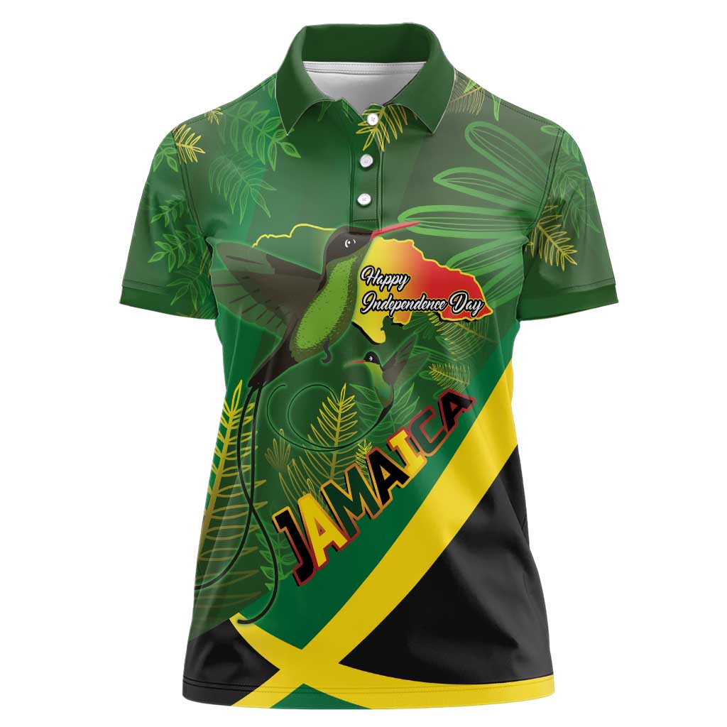 Jamaica Independence Day Women Polo Shirt Swallow-tail Hummingbird Tropical Plants and National Flag - Wonder Print Shop