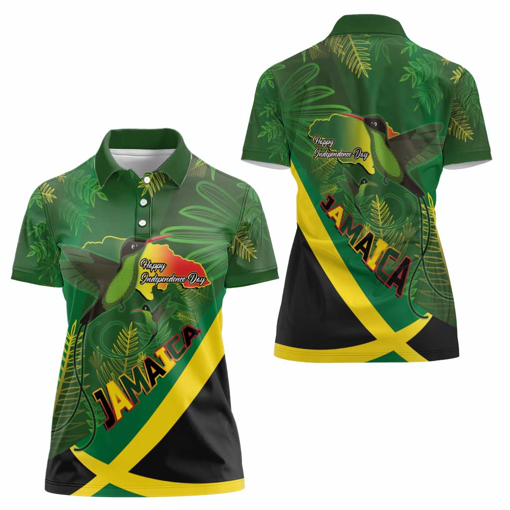 Jamaica Independence Day Women Polo Shirt Swallow-tail Hummingbird Tropical Plants and National Flag - Wonder Print Shop
