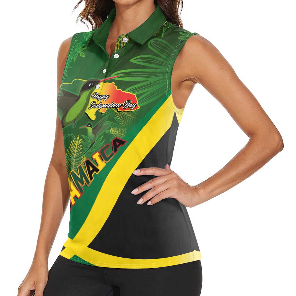 Jamaica Independence Day Women Sleeveless Polo Shirt Swallow-tail Hummingbird Tropical Plants and National Flag - Wonder Print Shop