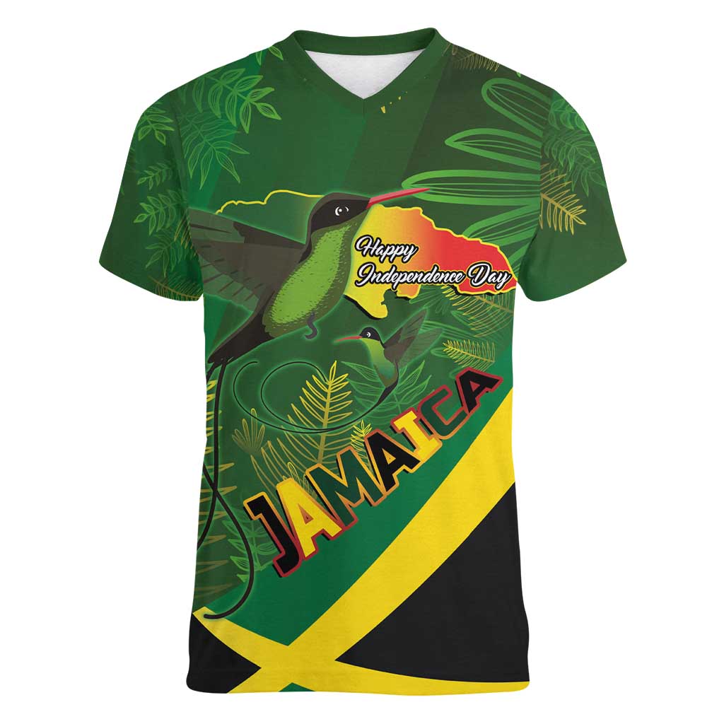 Jamaica Independence Day Women V-Neck T-Shirt Swallow-tail Hummingbird Tropical Plants and National Flag - Wonder Print Shop