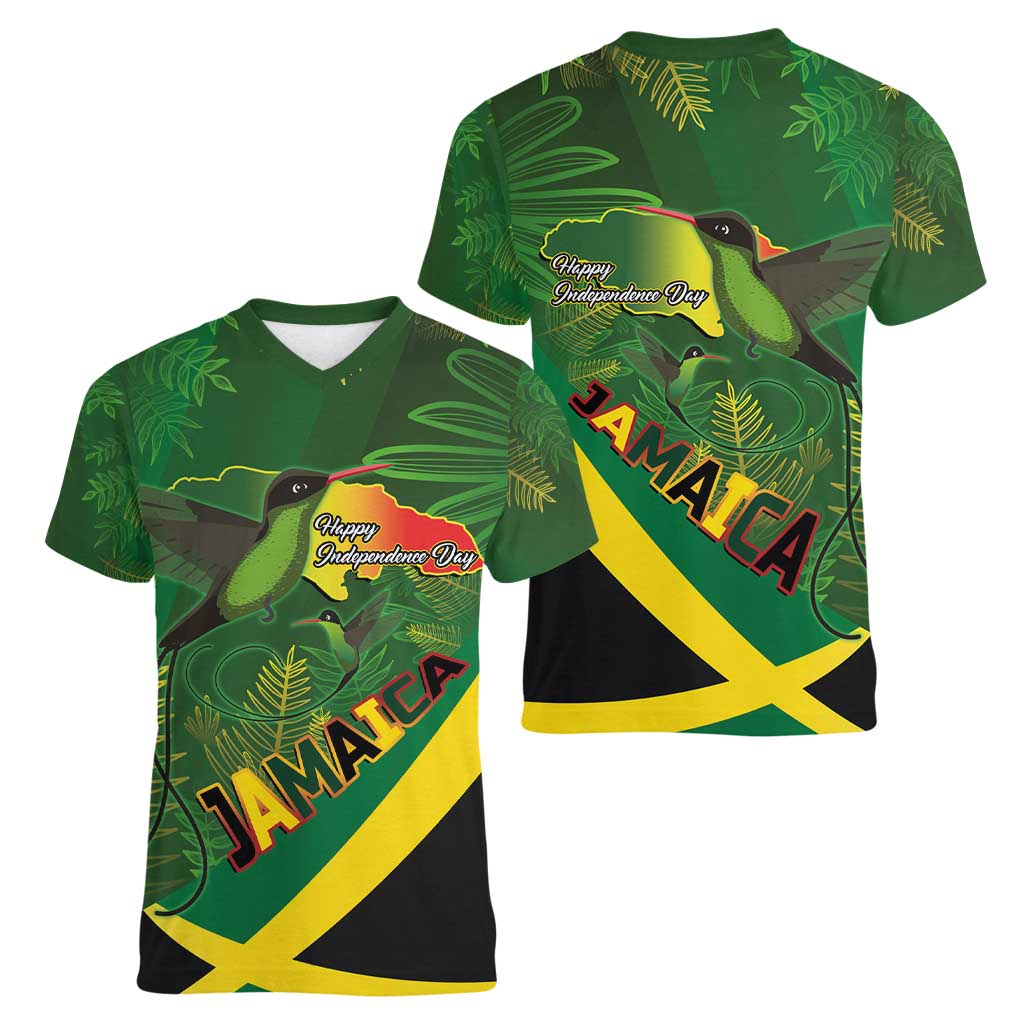Jamaica Independence Day Women V-Neck T-Shirt Swallow-tail Hummingbird Tropical Plants and National Flag - Wonder Print Shop