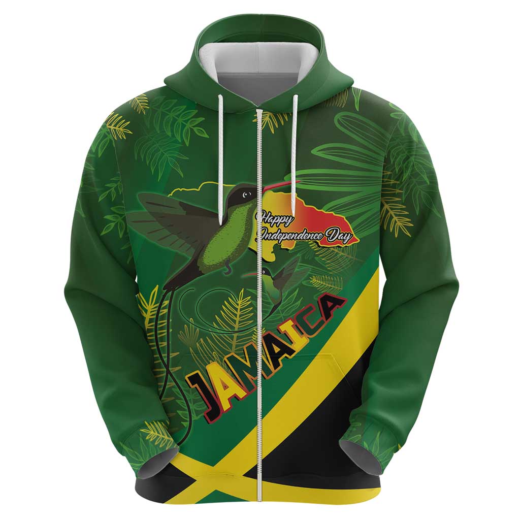 Jamaica Independence Day Zip Hoodie Swallow-tail Hummingbird Tropical Plants and National Flag - Wonder Print Shop