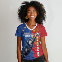 Custom Cape Verde Football 2026 Debut Women V-Neck T-Shirt Blue Sharks Stand Strong