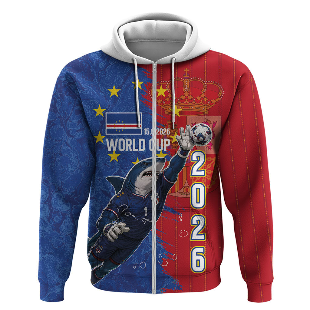 Custom Cape Verde Football 2026 Debut Zip Hoodie Blue Sharks Stand Strong