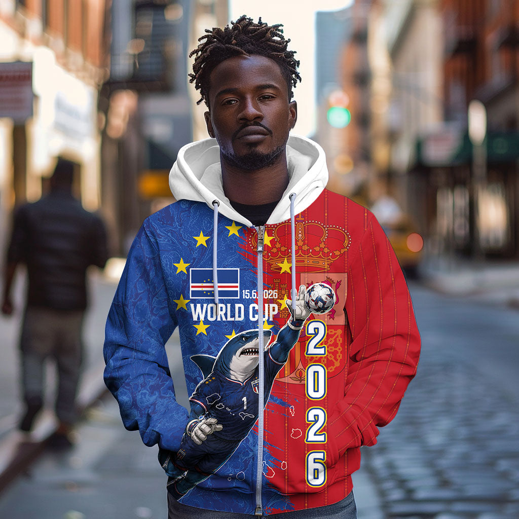 Custom Cape Verde Football 2026 Debut Zip Hoodie Blue Sharks Stand Strong