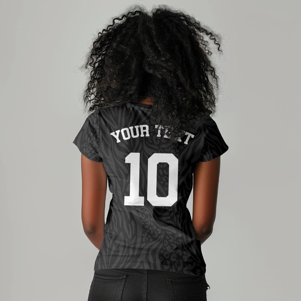 Custom DR Congo Football Women V-Neck T-Shirt Leopards Texture Wild Black