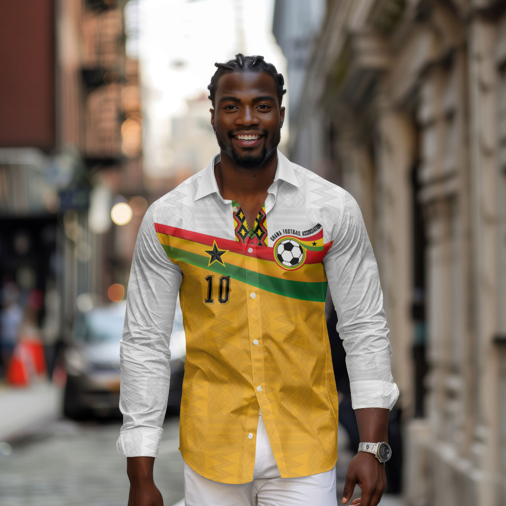 Custom Ghana Football Long Sleeve Button Shirt Abstract Flag and Kente Pattern
