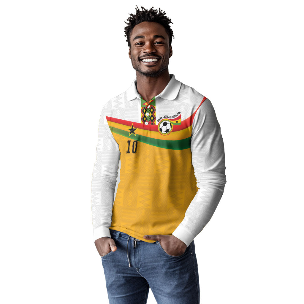 Custom Ghana Football Long Sleeve Polo Shirt Abstract Flag and Kente Pattern