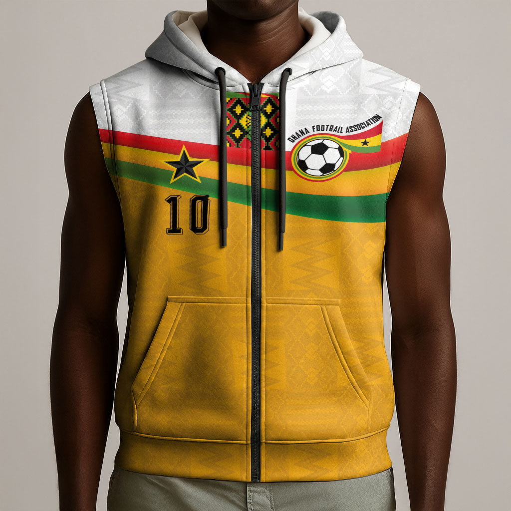 Custom Ghana Football Sleeveless Zip Hoodie Abstract Flag and Kente Pattern