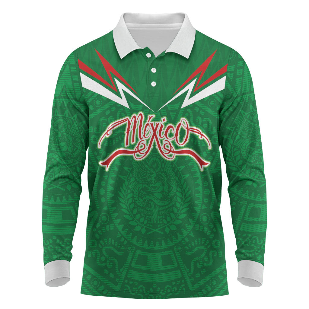 Custom Mexico Football Long Sleeve Polo Shirt Remixed Mexico Aztec Pattern Tribal Style