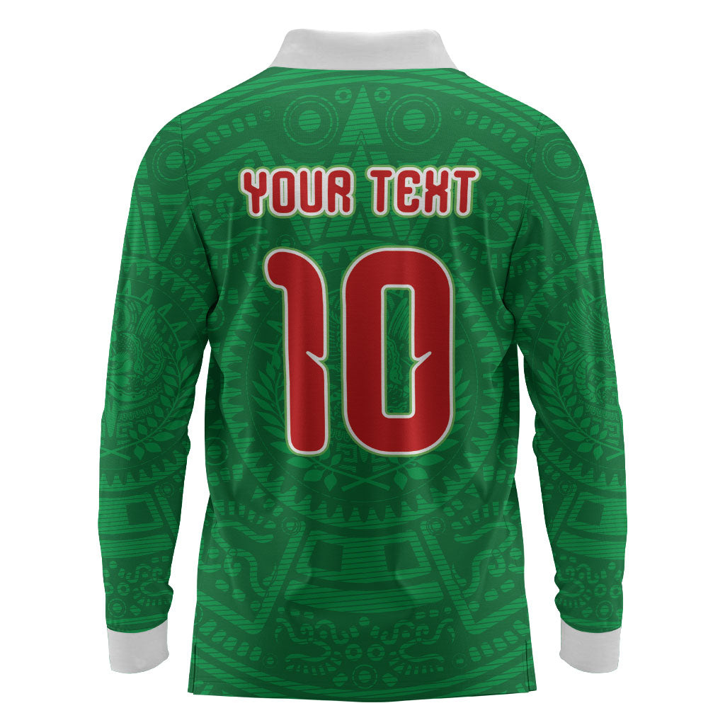 Custom Mexico Football Long Sleeve Polo Shirt Remixed Mexico Aztec Pattern Tribal Style