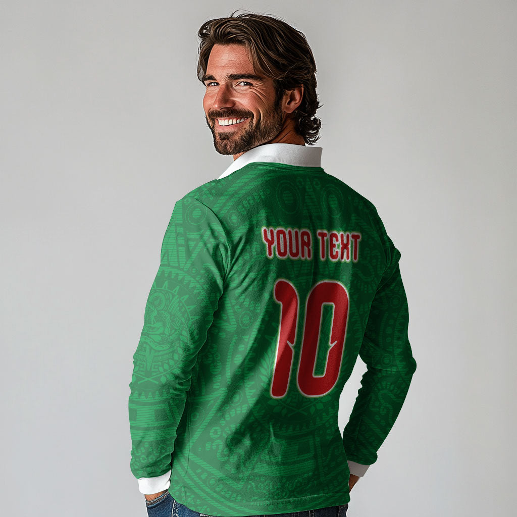 Custom Mexico Football Long Sleeve Polo Shirt Remixed Mexico Aztec Pattern Tribal Style