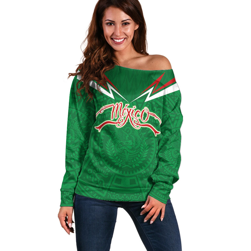 Custom Mexico Football Off Shoulder Sweater Remixed Mexico Aztec Pattern Tribal Style