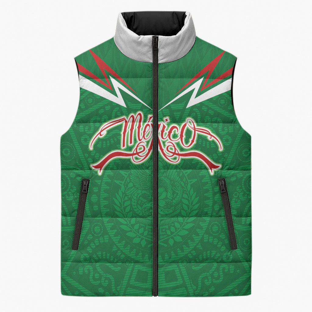 Custom Mexico Football Sleeveless Puffer Jacket Remixed Mexico Aztec Pattern Tribal Style