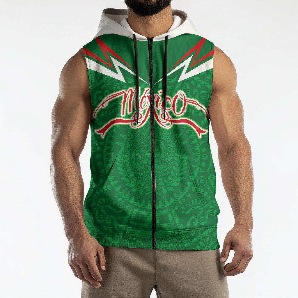 Custom Mexico Football Sleeveless Zip Hoodie Remixed Mexico Aztec Pattern Tribal Style