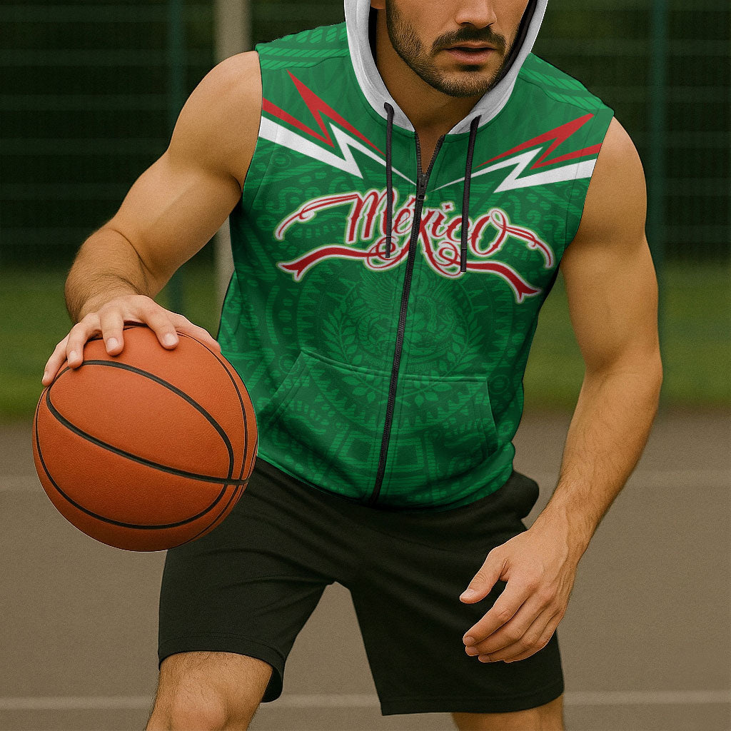 Custom Mexico Football Sleeveless Zip Hoodie Remixed Mexico Aztec Pattern Tribal Style