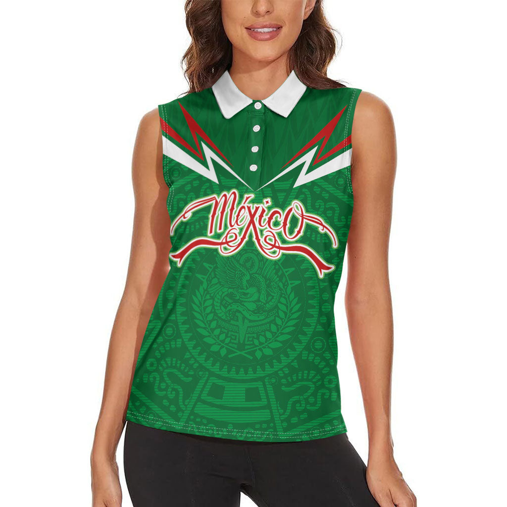 Custom Mexico Football Women Sleeveless Polo Shirt Remixed Mexico Aztec Pattern Tribal Style