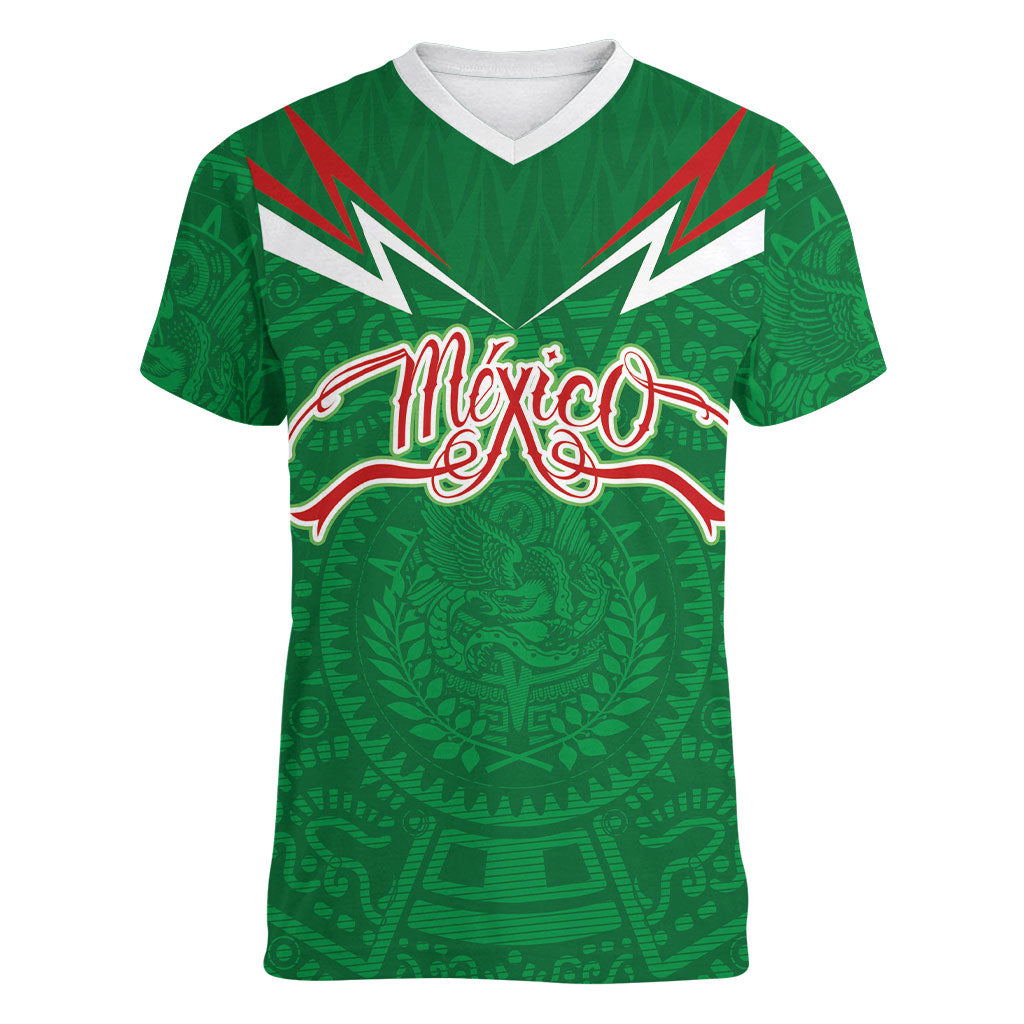 Custom Mexico Football Women V-Neck T-Shirt Remixed Mexico Aztec Pattern Tribal Style