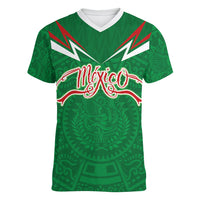 Custom Mexico Football Women V-Neck T-Shirt Remixed Mexico Aztec Pattern Tribal Style