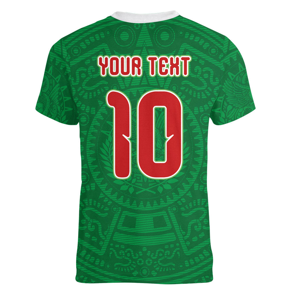 Custom Mexico Football Women V-Neck T-Shirt Remixed Mexico Aztec Pattern Tribal Style