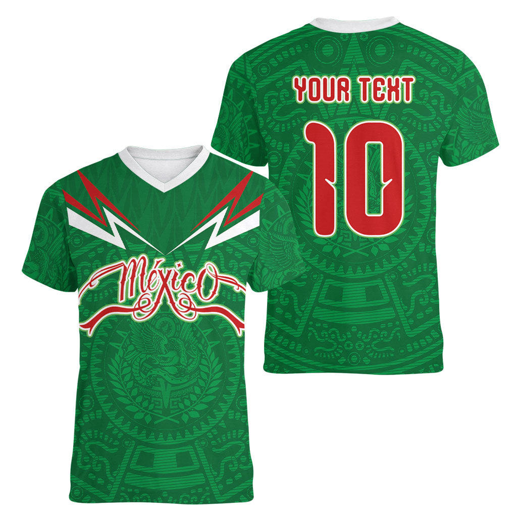 Custom Mexico Football Women V-Neck T-Shirt Remixed Mexico Aztec Pattern Tribal Style