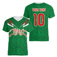 Custom Mexico Football Women V-Neck T-Shirt Remixed Mexico Aztec Pattern Tribal Style