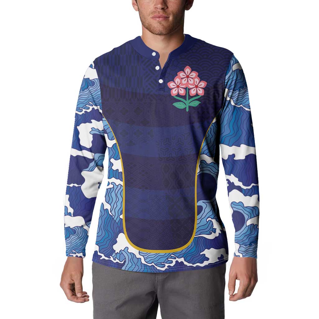 Custom Japan Pacific Rugby 2024 Button Sweatshirt Japanese Traditional Pattern and Sea Waves - Wonder Print Shop
