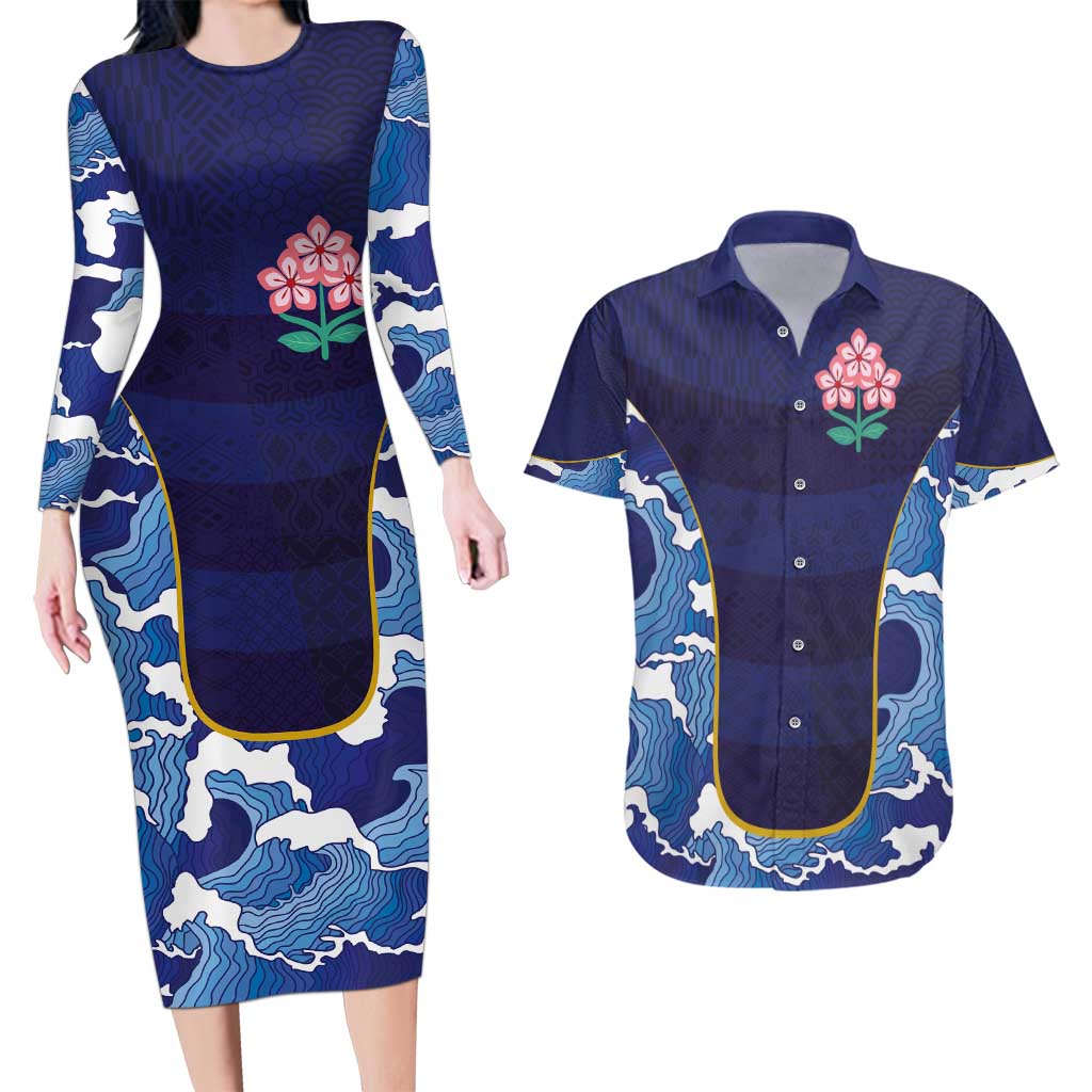 Custom Japan Pacific Rugby 2024 Couples Matching Long Sleeve Bodycon Dress and Hawaiian Shirt Japanese Traditional Pattern and Sea Waves - Wonder Print Shop