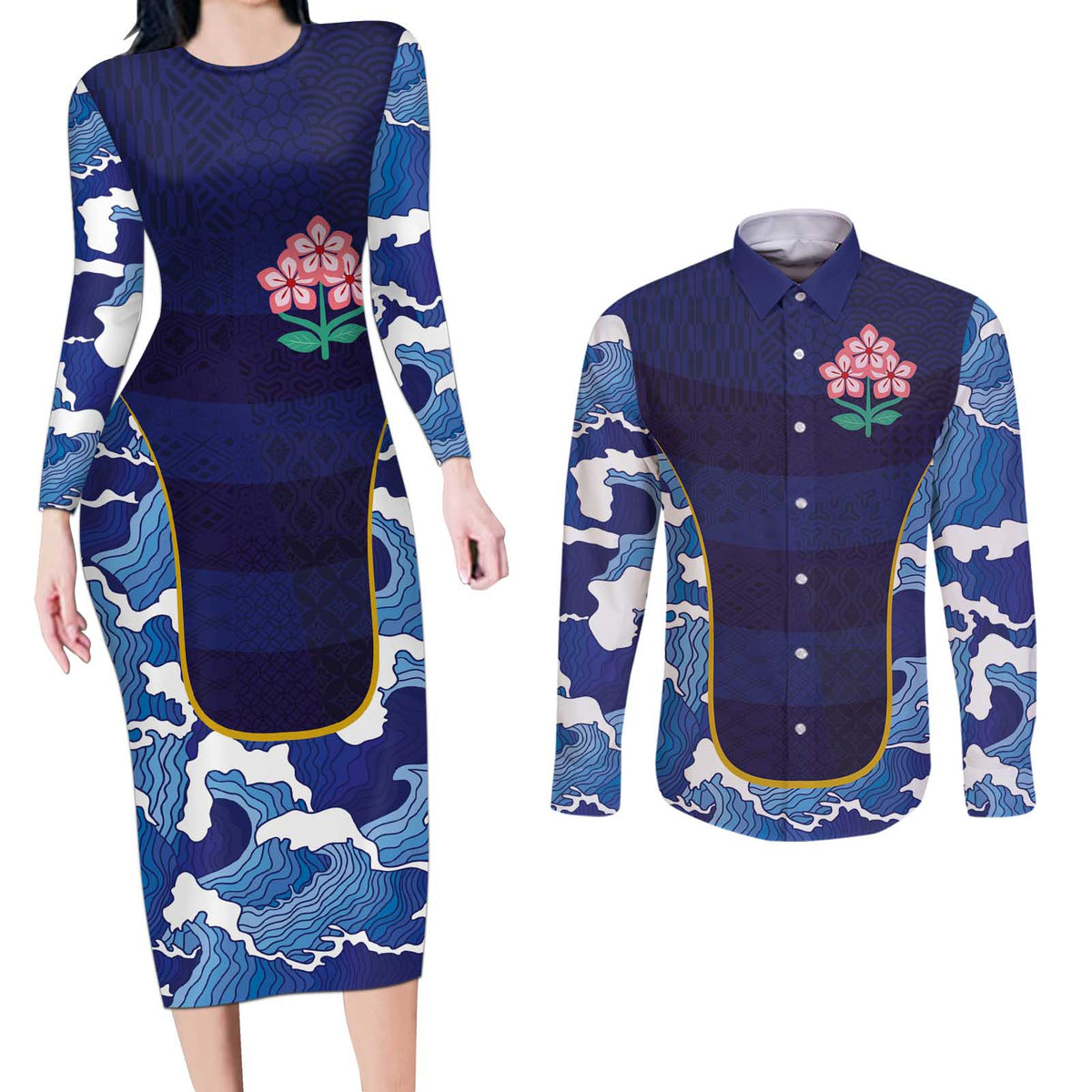 Custom Japan Pacific Rugby 2024 Couples Matching Long Sleeve Bodycon Dress and Long Sleeve Button Shirt Japanese Traditional Pattern and Sea Waves - Wonder Print Shop