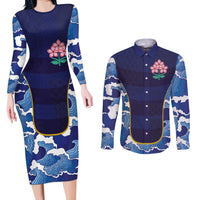 Custom Japan Pacific Rugby 2024 Couples Matching Long Sleeve Bodycon Dress and Long Sleeve Button Shirt Japanese Traditional Pattern and Sea Waves - Wonder Print Shop