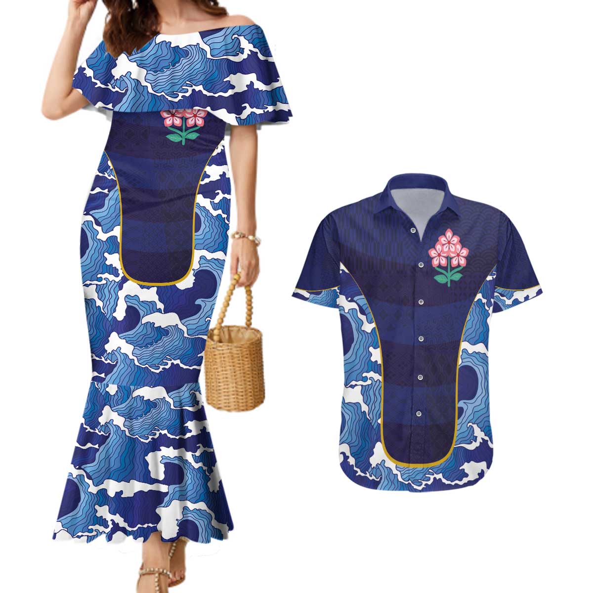 Custom Japan Pacific Rugby 2024 Couples Matching Mermaid Dress and Hawaiian Shirt Japanese Traditional Pattern and Sea Waves - Wonder Print Shop