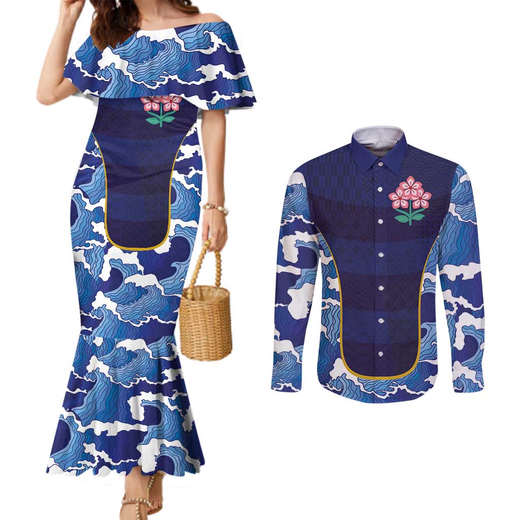 Custom Japan Pacific Rugby 2024 Couples Matching Mermaid Dress and Long Sleeve Button Shirt Japanese Traditional Pattern and Sea Waves
